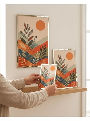 Leylart Modern Boho Gold Çerçeveli Duvar Tablosu Seti (3 Parça) - Sıcak Tonlar Botanik Sanat Serisi