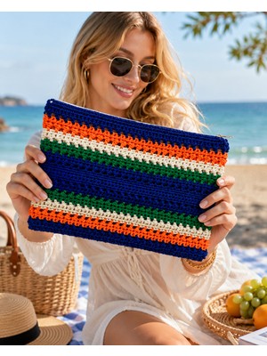 Enie Kadın Çok Renkli Hasır Fermuarlı Clutch Çanta-Astarsız