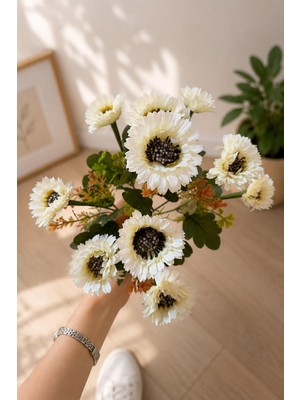 İliva Yapay Beyaz Gerbera Çiçeği Demeti Dekoratif Çiçek Buketi Ev Ofis Vazo Süsleme Aranjmanı 41 cm