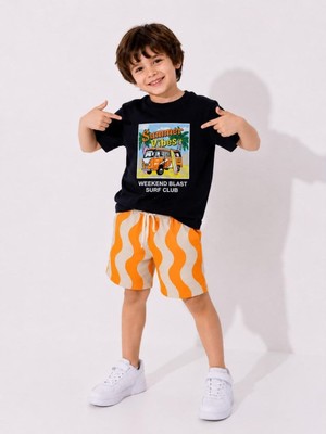 Cg Kids  Summer Vibes Baskılı Dalgalı Erkek Çocuk Şortlu Takım - Lacivert / Turuncu