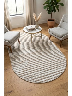 Bonny Home Modern Dekoratif Oval Salon Yatak Odası Halısı Iskandinav Desenli Şık Kaymaz Taban Vizon Viora -7032