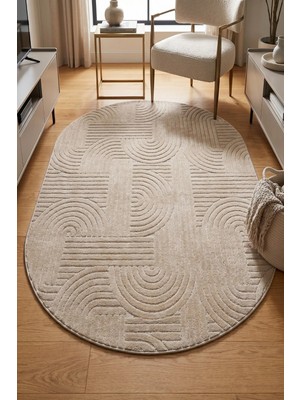 Bonny Home Modern Dekoratif Oval Salon Yatak Odası Halısı Iskandinav Desenli Şık Kaymaz Taban Vizon Viora -7029