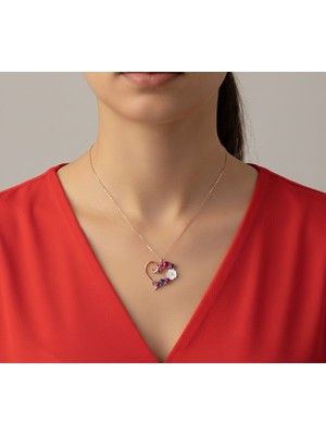 lpsankara Kalp Motif Sedef Taşlı Çiçek Motif Gümüş Kolye