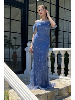 Lafaba Kadın Indigo Ince Askılı Boncuklu Uzun Söz Nişan Abiye Elbise