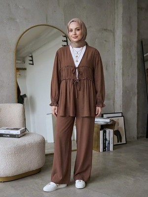 Miostil Büzgülü Bağlamalı Pantolonlu Takım-Kahve