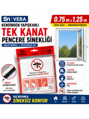 5N Vera Kendinden Yapışkanlı Tek Kanat Pencere Sinekliği 75X125 cm Yırtılmaya Dayanıklı Beyaz Tül