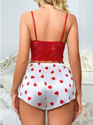 Nemere Kadın Kırmızı Kalp Desenli Şort Askılı Dantel Üst Pijama Takımı 2218