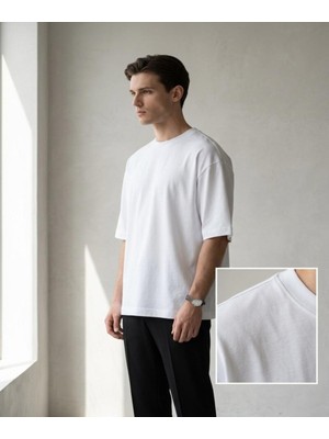 Orivra Erkek Oversize %100 Pamuk Geniş Kesim Bisiklet Yaka Beyaz Tişört