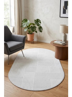 Bonny Home Modern Dekoratif Oval Salon Yatak Odası Halısı Iskandinav Desenli Şık Kaymaz Taban Gri Viora - 7033