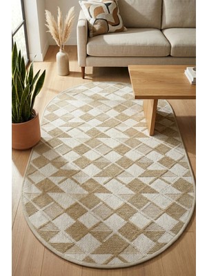 Bonny Home Modern Dekoratif Oval Salon Yatak Odası Halısı Rölyef Dokulu Şık Tasarım Ince Dokulu Bej Riva - 7118