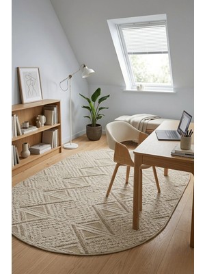 Bonny Home Modern Dekoratif Oval Salon Yatak Odası Halısı Rölyef Dokulu Şık Tasarım Ince Dokulu Bej Riva - 7122
