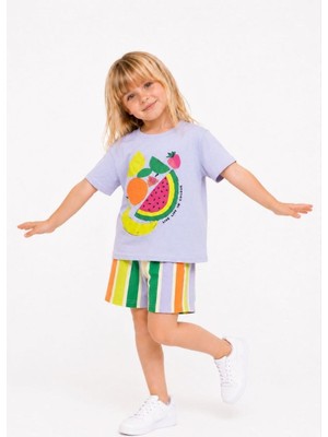Cg Kids Meyve Baskılı Kabartma Renkli Çizgili Şortlu  Kız Çocuk Takım - Lila / Çok Renkli