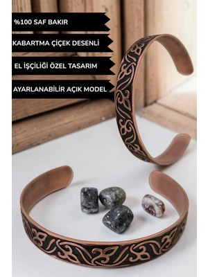 Bulu'us Accessories %100 Saf Bakır Kabartma Çiçek Desenli Ayarlanabilir Unisex Bileklik-Sevgiliye Hediye Anneye Hediye