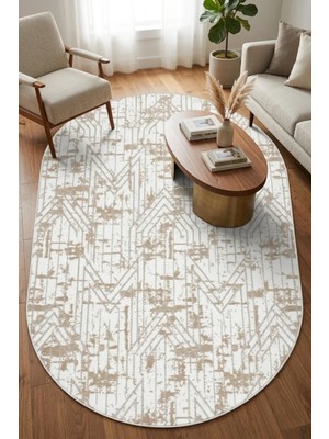 Bonny Home Modern Dekoratif Oval Salon Yatak Odası Halısı Iskandinav Desenli Şık Kaymaz Taban Vizon Viora -7031
