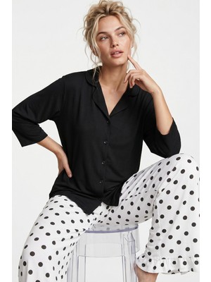 Siyah İnci Siyah Gömlekli Puan Desenli Ince Soft Örme Mevsimlik Düğmeli Pijama Takımı 8053