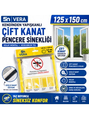 5n Vera 125X150 cm Kendinden Yapışkanlı Çift Kanat Pencere Sinekliği Kolay Montaj ve Yırtılmaya Dayanıklılık