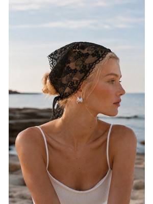 Haki Store Dantel Bandana Siyah Desenli Transparan Bel Bandanası Saç ve Bel Aksesuarı