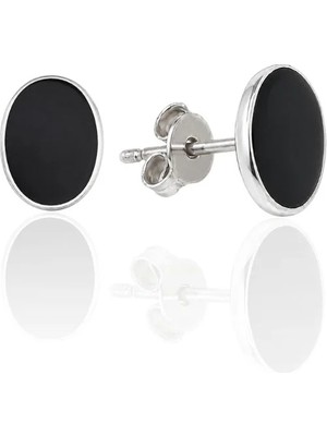Oya Silver Oval Form Siyah Mineli Gümüş Küpe 0.9x0.6cm [OYOK382]