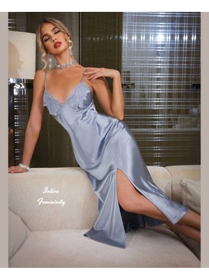 Intive Lingerie Intive Sugar Saten Midi Boy Saten Yan Yırtmaçlı Göğsü Dantel Detaylı Feminen Gecelik