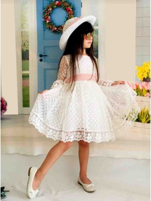 Ayancık Kids Kız Çocuk Düğün, Doğumgünü,beyaz Şapkalı Elbise (4-5-6-7-8-9-10-11) Yaş