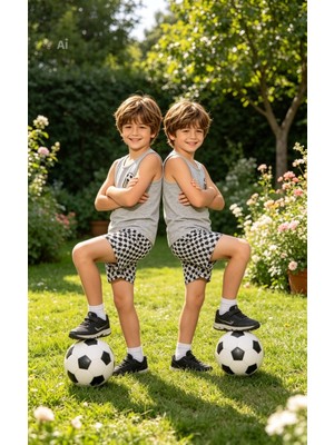 NiCe İç Giyim Erkek Çocuk Gri Renk Futbol Temalı Atlet & Şort Pamuk Yumuşak Penye Trend Pijama Takım