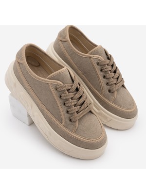 Marjin Kadın Sneaker Yüksek Kalın Desenli Ultra Hafif Taban Bağcıklı Spor Ayakkabı Ergu Vizon Keten