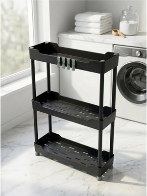 Plastora Home Slim 3 Katlı Raf Ünitesi Siyah, Banyo Rafı, Mutfak Rafı, Banyo Düzenleyici