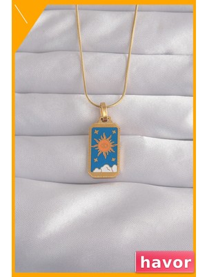 Havor Mavi Mineli Tarot Sembollü Kolye 316L Çelik