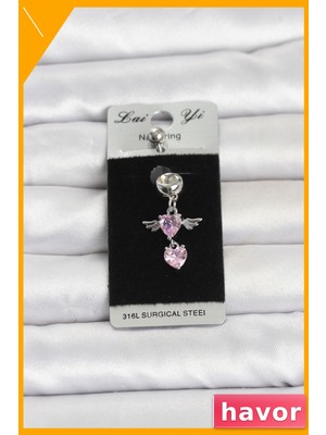 Havor Pembe Zirkon Taşlı Kanat Model Göbek Piercing 316L Cerrahi Çelik