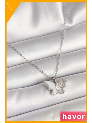 Havor Zirkon Taşlı Beyaz Mineli Kelebek Kolye 45CM Zincir
