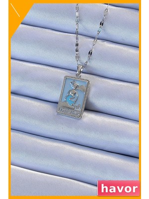 Havor Mavi Tarot Desenli Paslanmaz Çelik Kolye 45CM Zincir