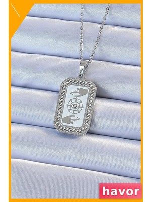 Havor Zirkon Taşlı Tarot Kolye 316L Çelik Zincir Gümüş Renk