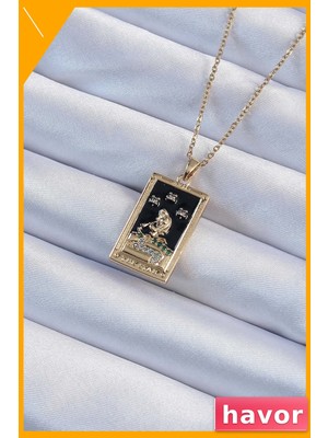 Havor Zirkon Taşlı Siyah Mineli Kız Figürlü Tarot Kolye 45CM