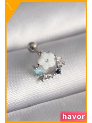 Havor Zirkon Taşlı Beyaz Çiçek Desenli Tragus Piercing 6mm Bar