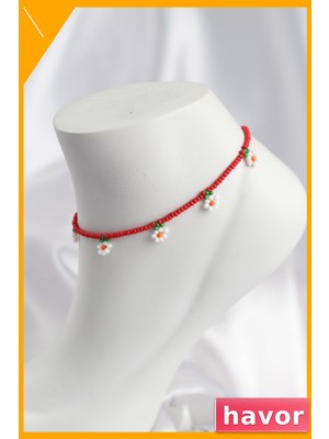 Havor Boncuklu Papatya Motifli Halhal Kırmızı Renk Ayarlanabilir