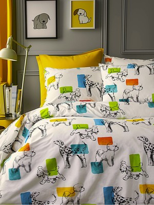 Leruum London Tek Kişilik Nevresim Takımı Köpek Desenli Hayvan Baskılı 100% Pamuk Nevresim ve 1 Adet Yastık Kılıfı Seti 160X220