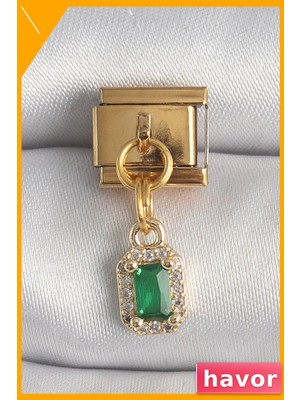 Havor Yeşil Zirkon Taşlı Kare Sallantılı Charm Bileklik