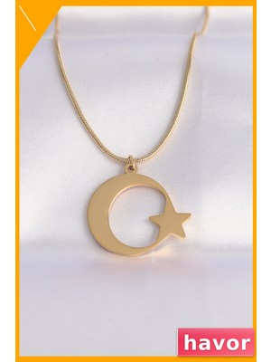 Havor Paslanmaz Çelik Ay Yıldız Kolye 60CM Zincir