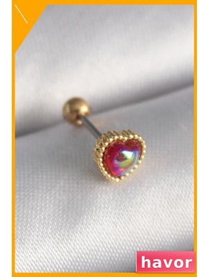 Havor Kırmızı Mineli Kalp Şekilli Tragus Piercing 6mm Bar