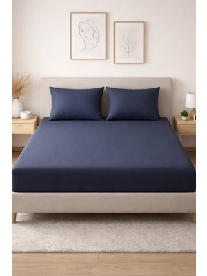 Leruum London Geniş Tek Kişilik Lacivert Çarşaf Takımı %100 Pamuklu Lastikli Çarşaf 120x200 + 1 Adet Yastık Kılıfı (50X70)