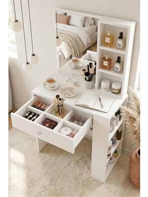 Yurudesign Monroe Makyaj Masası Çekmeceli Düzenleyici Raflı Beyaz Mo1-W