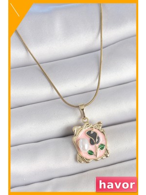 Havor Pembe Mineli Çiçek Işlemli Inci Detaylı Kadın Kolye 45CM Zincir