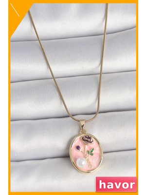 Havor Pembe Çiçek Işlemeli Inci Detaylı Kadın Kolye 45CM Zincir