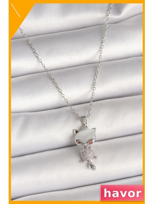 Havor Zirkon Taşlı Kedi Figürlü Kadın Kolye 45CM Zincir