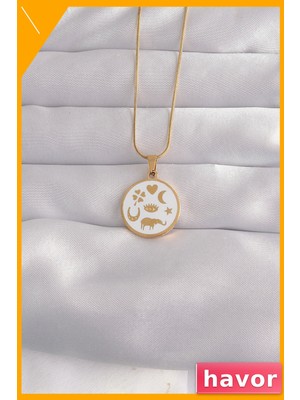 Havor Beyaz Mineli Tarot Figürlü Kolye Altın Renk Kaplama