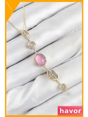 Havor Pembe Zirkon Taşlı Y Kolye 45CM Pirinç Zincir