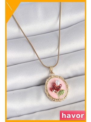 Havor Pembe Mineli Çiçek Işlemeli Kadın Kolye 45CM Zincir