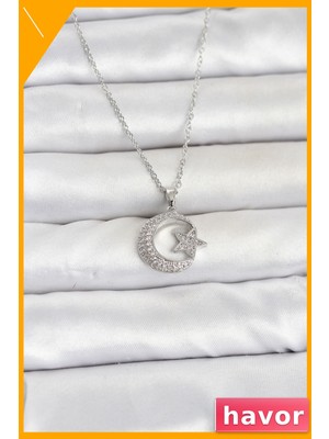 Havor Ay Yıldız Zirkon Taşlı Paslanmaz Çelik Kadın Kolye 45CM