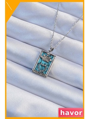 Havor Zirkon Taşlı Mavi Desenli Tarot Kolye 45CM Uzunluk