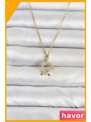 Havor Paslanmaz Çelik Zincir Kolye 45CM Altın Rengi Caretta Caretta Desen